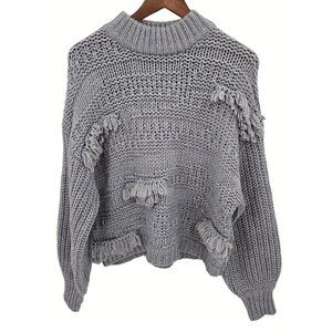 Universal Thread Sweater Sz M 6 8 Grey Fringe Wool Drop Shoulder Balloon Sleeve